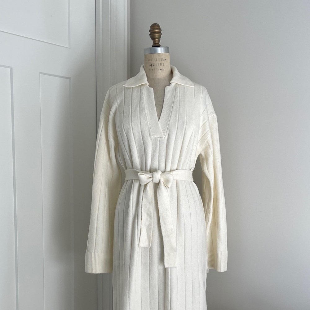 H&M Chic Cream Maxi Ribbed Long Sleeve Dress with Collar and Waist Belt Tie